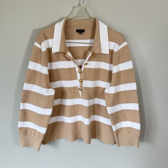 Talbots Sweater Collared Gold Buttons Pullover XL Tan White Striped Neutral New - Picture 1 of 6